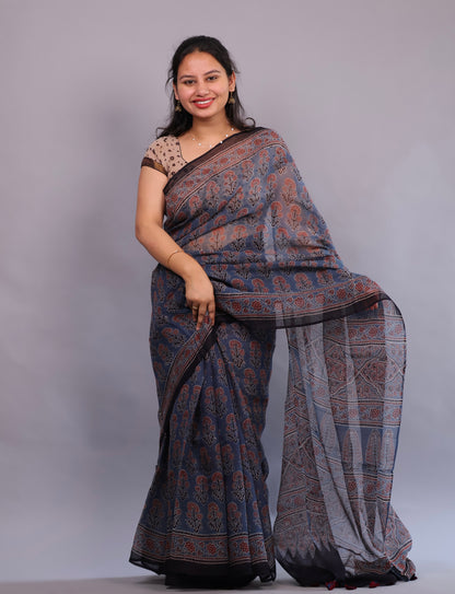 Indigo Ajrakh Hand Block Printed Kota Doria Saree | Looms & Tassels