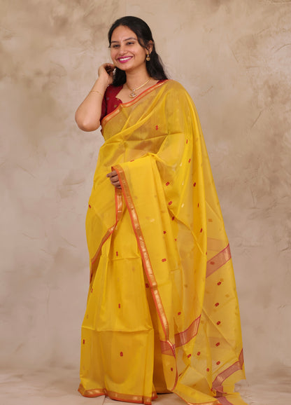 Yellow Handloom Maheswari Silk Cotton Sarees | Looms & Tassels
