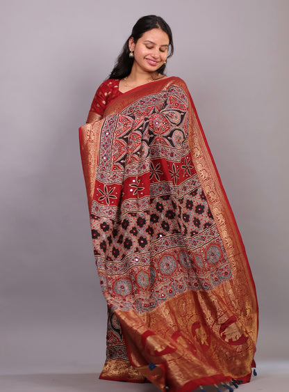 Red & Black Handcrafted Ajrakh Dola Silk Saree with Authentic Banjara Mirror Work | Looms & Tassel