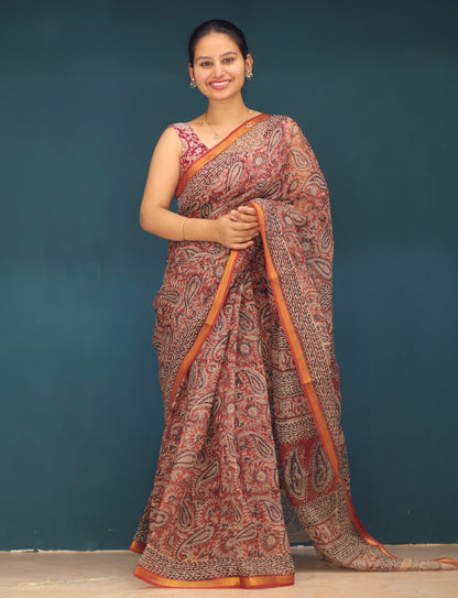 Kalamkari Hand block printed Kota Doria Saree