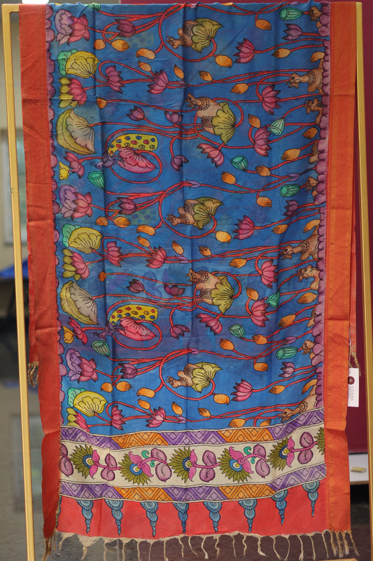 Blue Pen Kalamkari chennur silk duppata