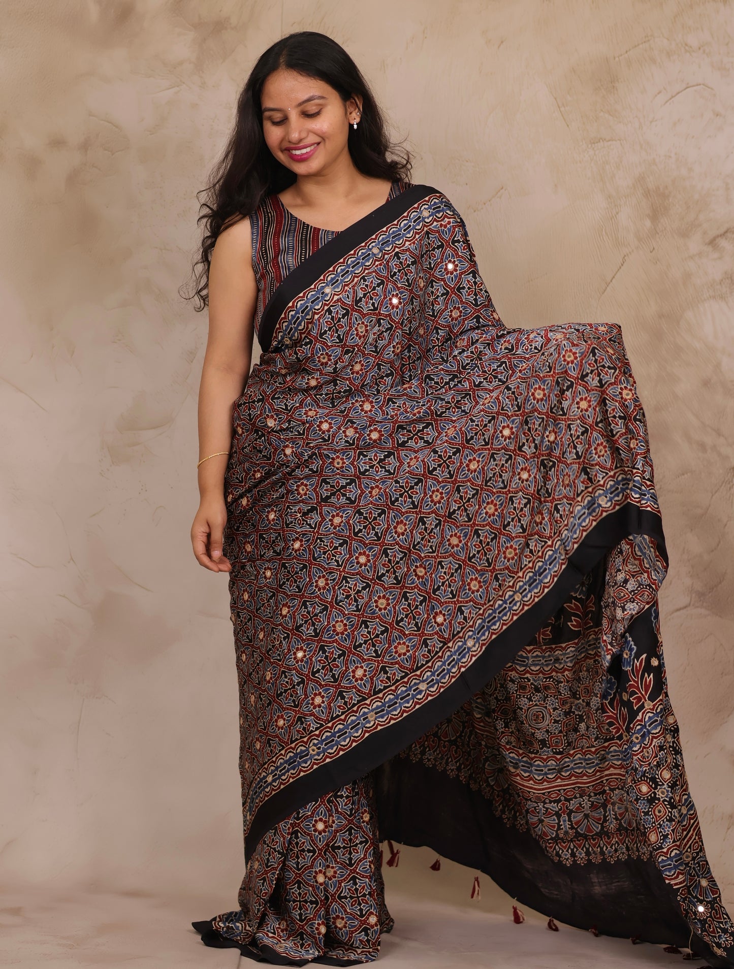 Black Handcrafted Ajrakh Modal Silk Saree with Authentic Banjara Mirror Work | Looms & Tassel