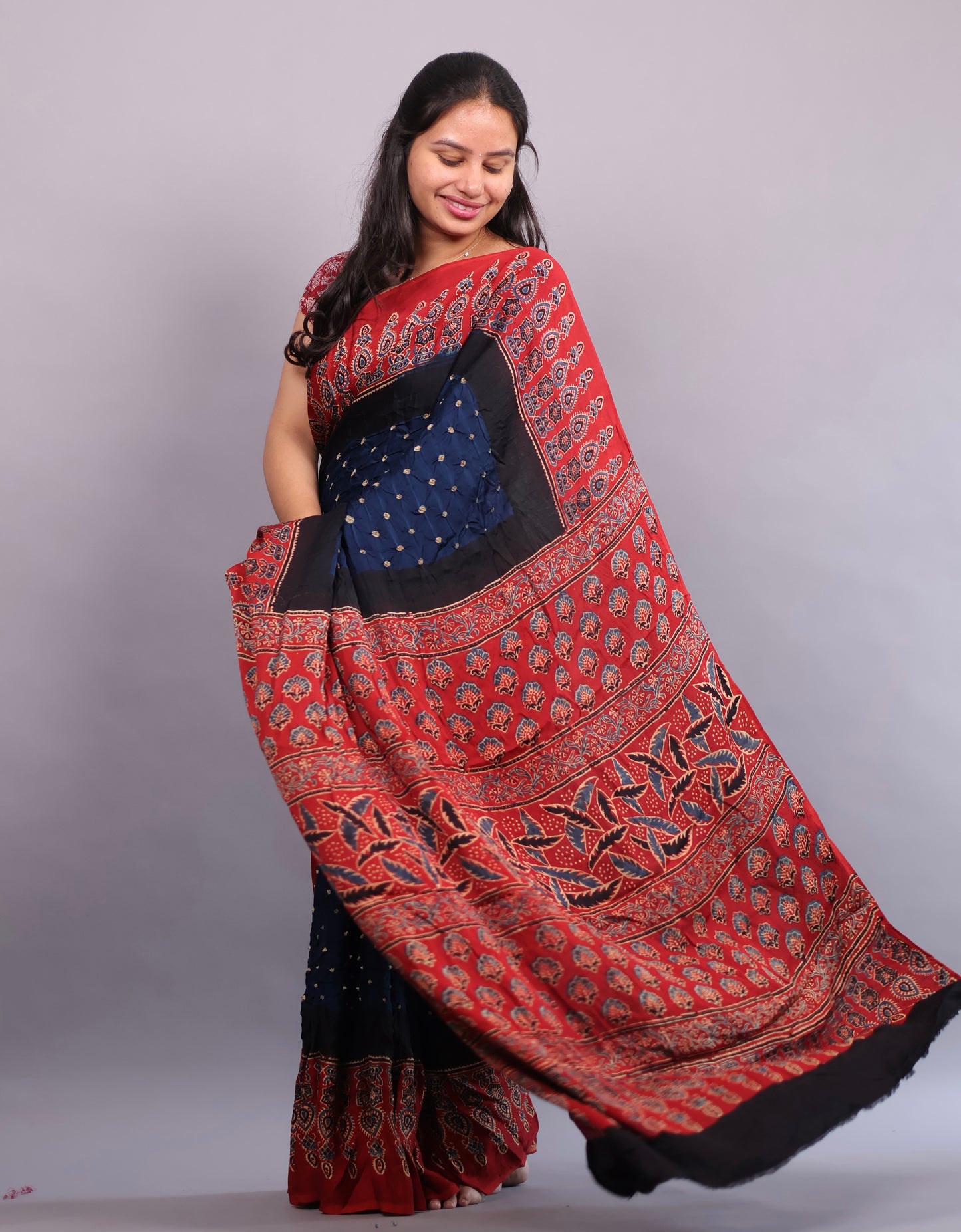 Cyan Blue Hand Knotted Ajrakh Bandhej Modal Silk Saree | Looms & Tassels