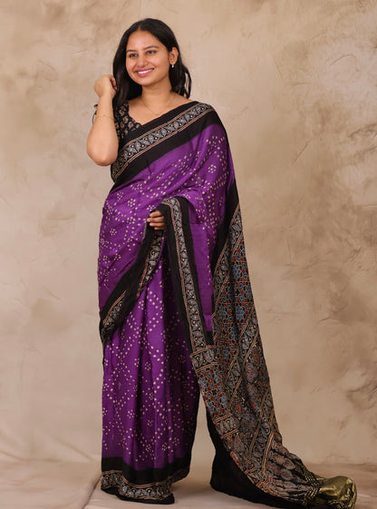 Violet Hand Knotted Bandhej Arakh Modal Silk Saree with Lagdi Pallu | Looms & Tassels
