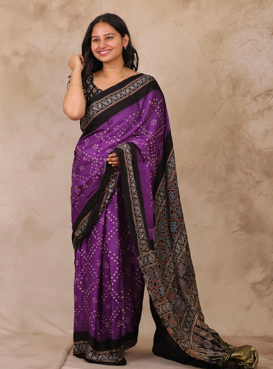 Violet Hand Knotted Bandhej Arakh Modal Silk Saree with Lagdi Pallu | Looms & Tassels
