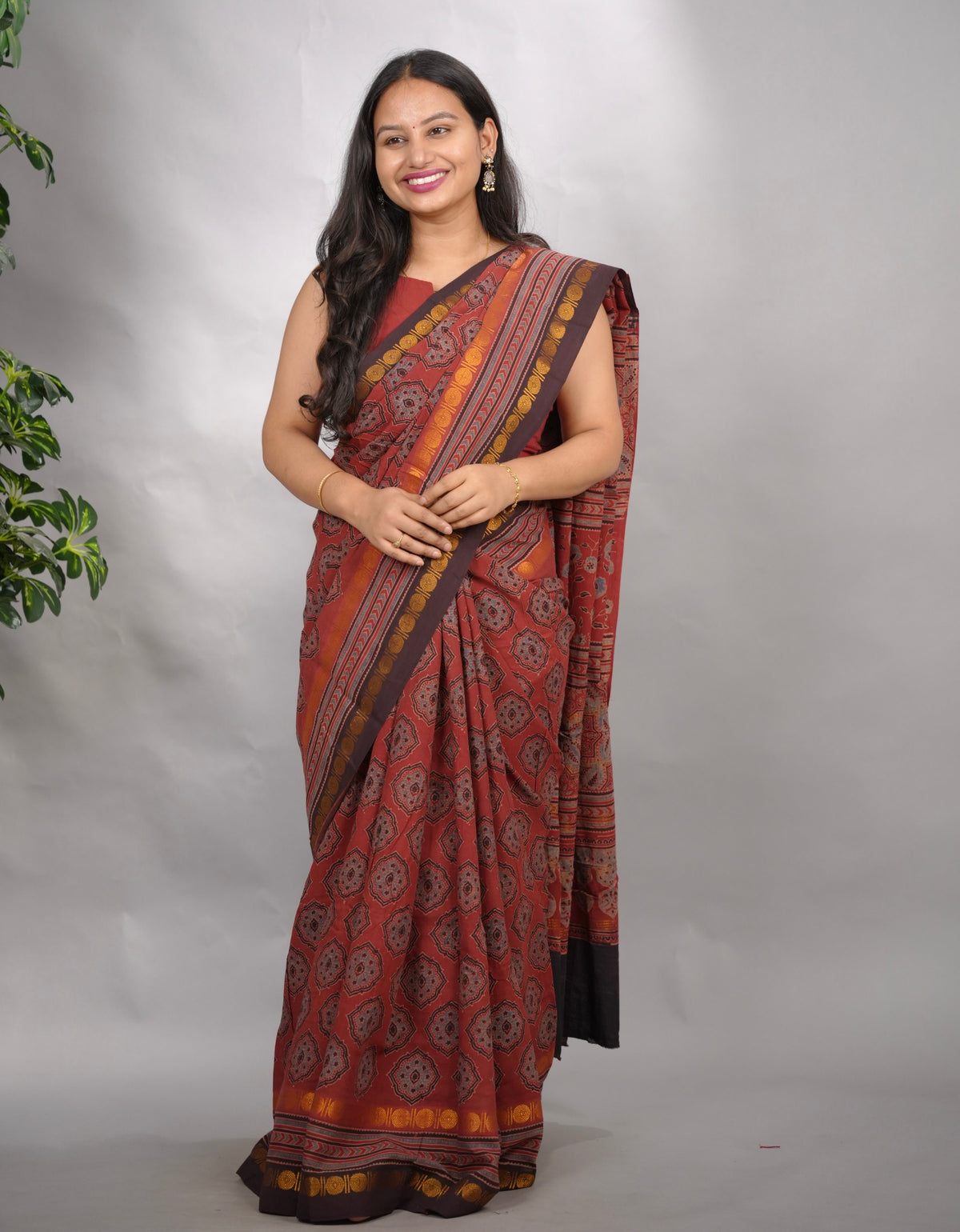 Maroon Ajrakh Hand Block Printed Sungudi Cotton Saree | Looms & Tassels