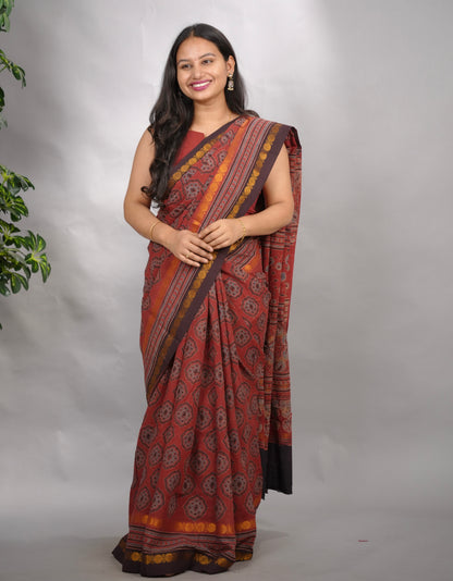 Maroon Ajrakh Hand Block Printed Sungudi Cotton Saree | Looms & Tassels