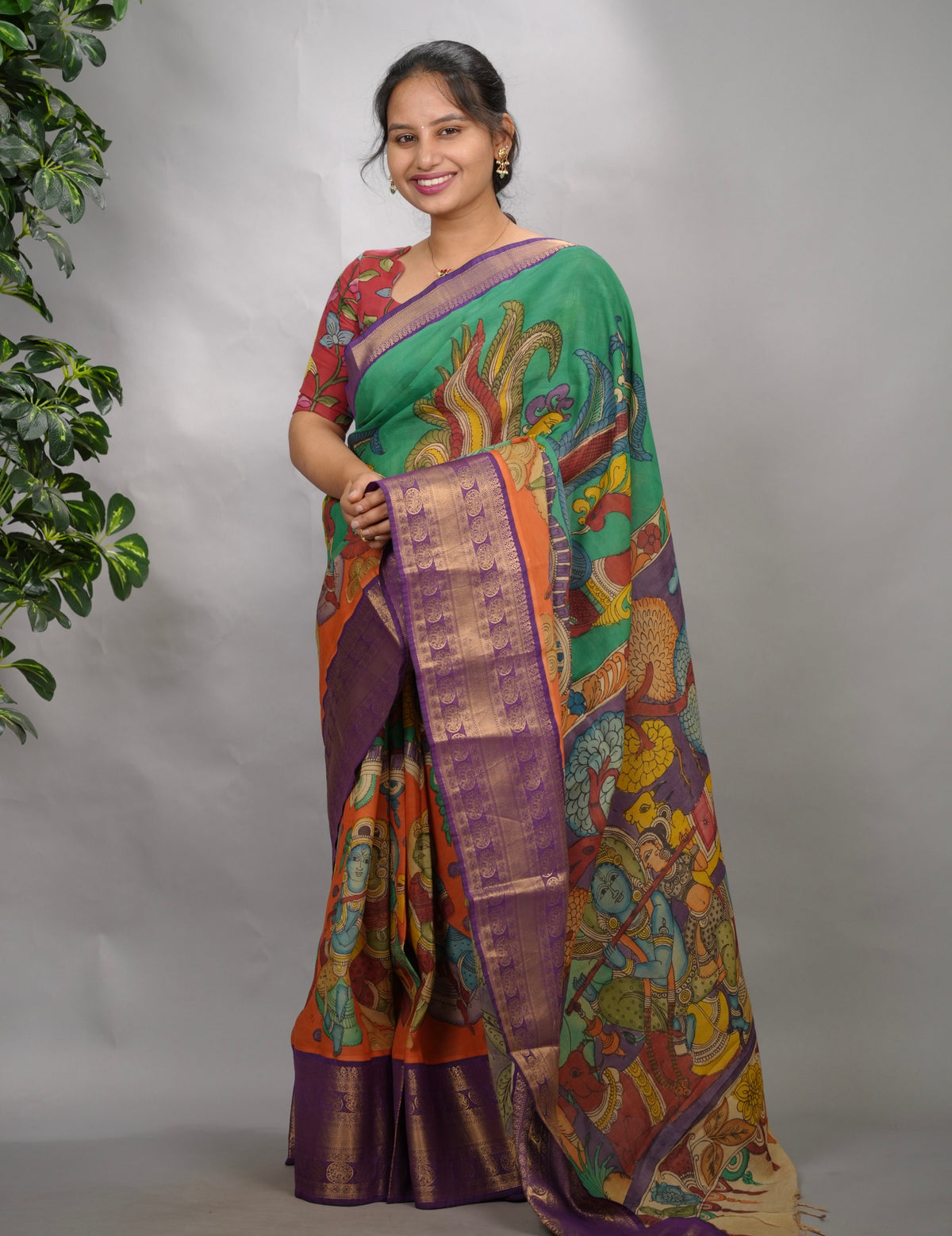 Green & Orange Hand Drawn Pen Kalamkari Bangalore Silk Kanchi Border Saree | Looms & Tassels