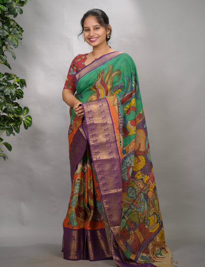 Green & Orange Hand Drawn Pen Kalamkari Bangalore Silk Kanchi Border Saree | Looms & Tassels