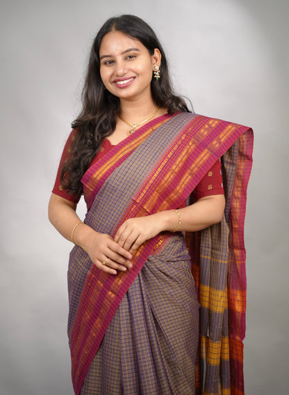Lavender Dual Tone Checks Narayanpet Cotton Saree with Traditional contrast Border | Looms & Tassels