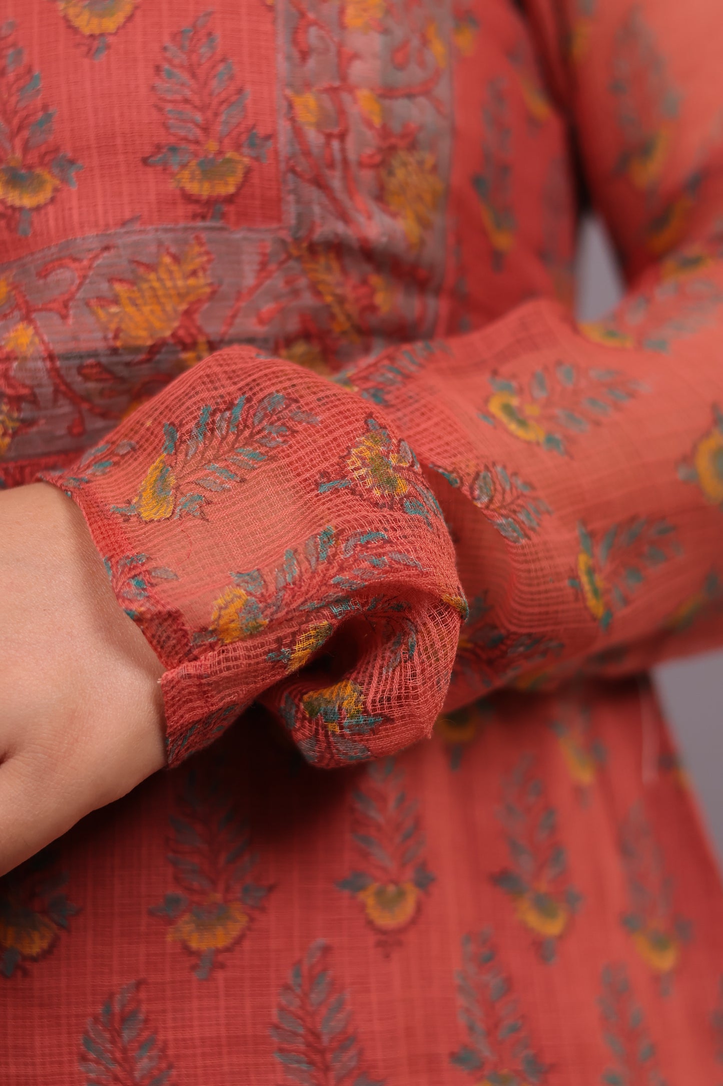 Rust orange Handblock printed kota 3 piece suit with chudi sleeves (stitched)