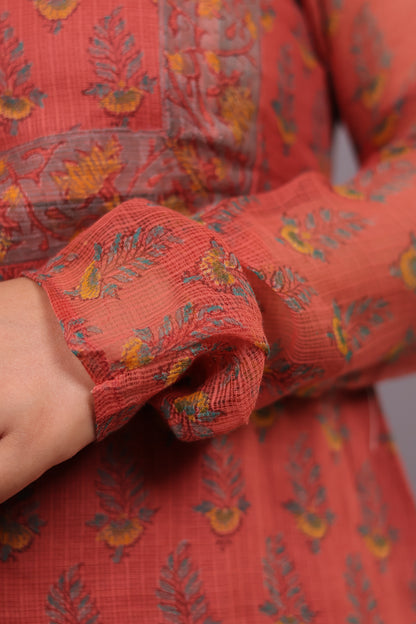 Rust orange Handblock printed kota 3 piece suit with chudi sleeves (stitched)