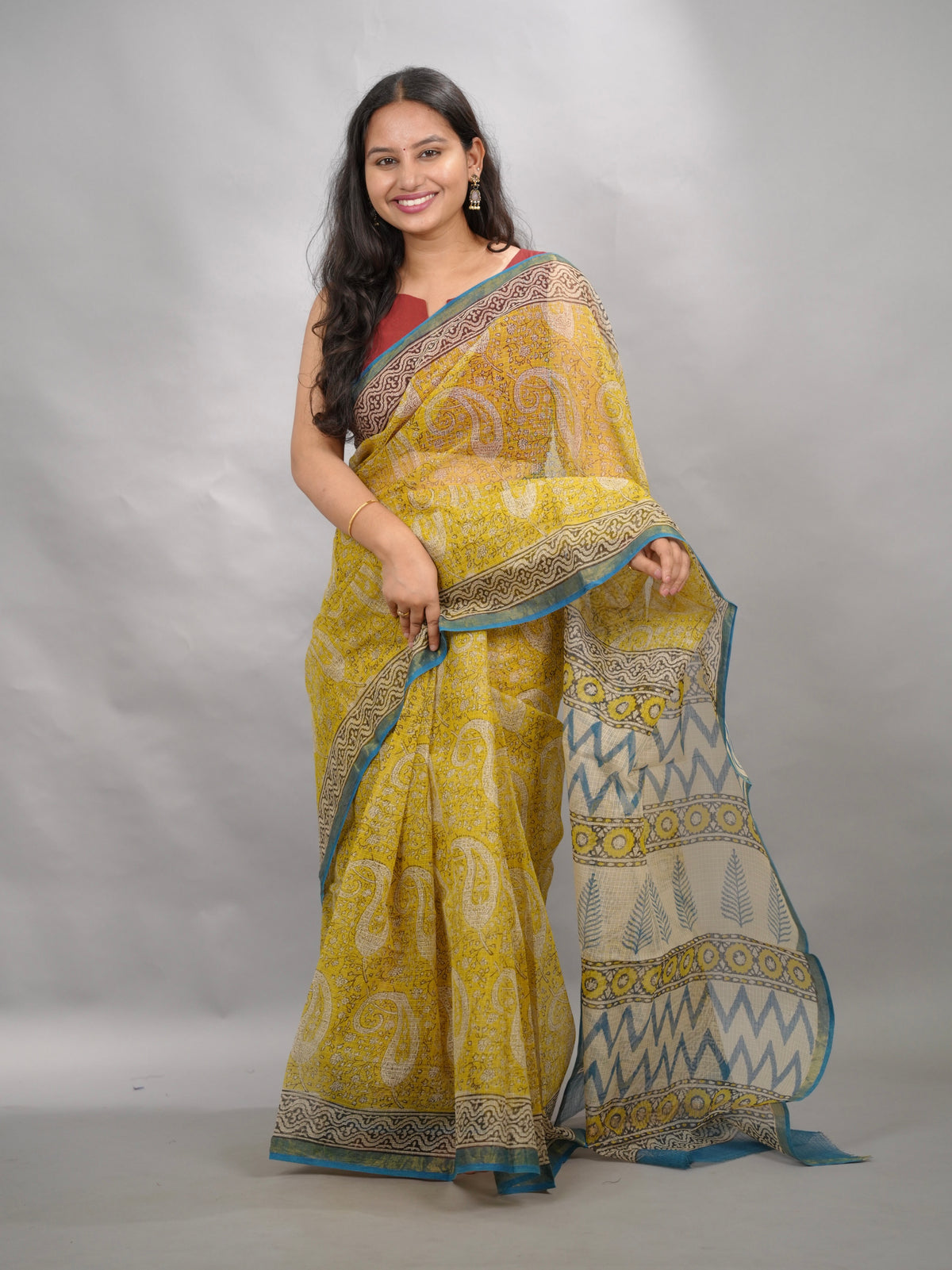 Yellow Pure Kota Doria Saree with Bagru Handblock Prints | Looms & Tassels