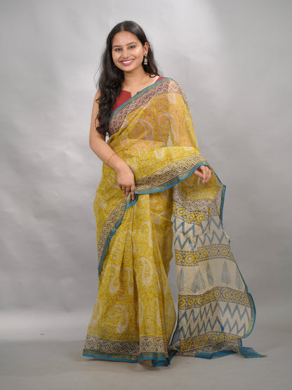 Yellow Pure Kota Doria Saree with Bagru Handblock Prints | Looms & Tassels