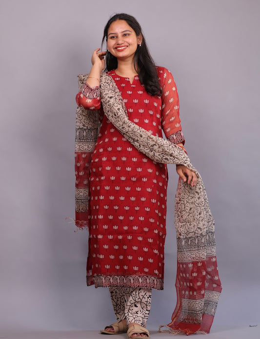 Red Lotus Handblock printed kota 3 piece suit (stitched)