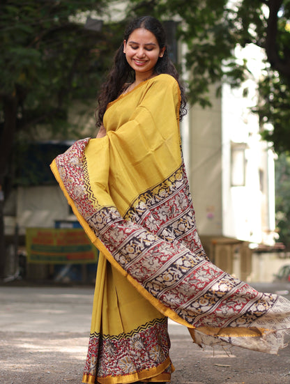 Golden Yellow Kalamkari dyeing premium chennur silk with hand block print saree