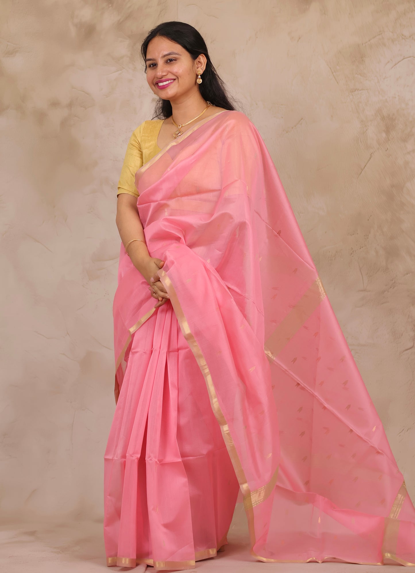 Baby Pink Handloom Maheswari Silk Cotton Sarees | Looms & Tassels