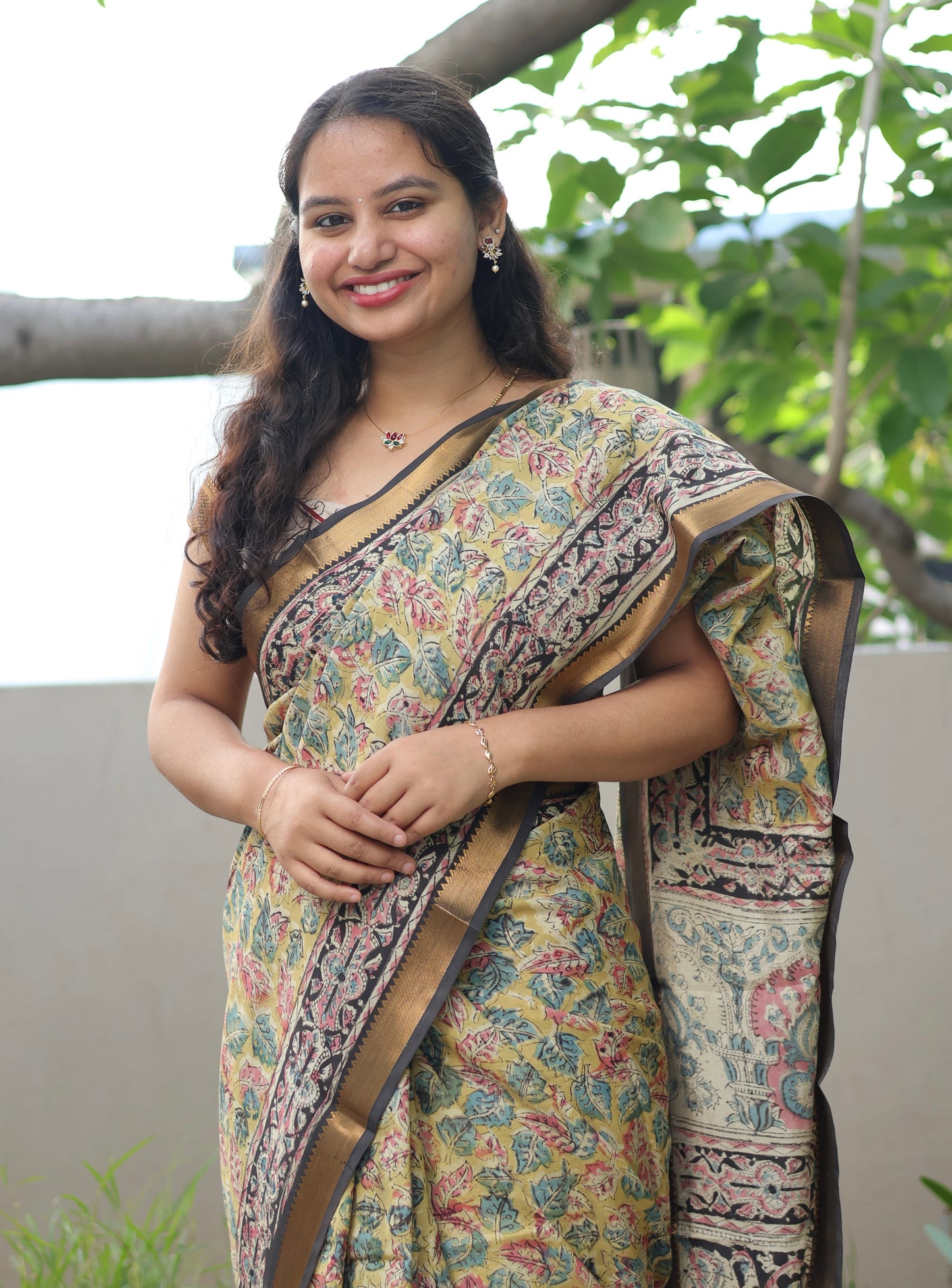 Mustard Hand Block Printed Kalamkari Nizam Border Silk Sare