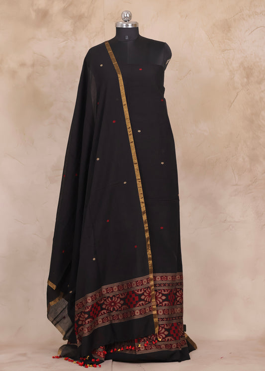 Black Handwoven Jamdhani weaving pure Mercerised Malai cotton 2 piece suit sets | Looms & Tassels