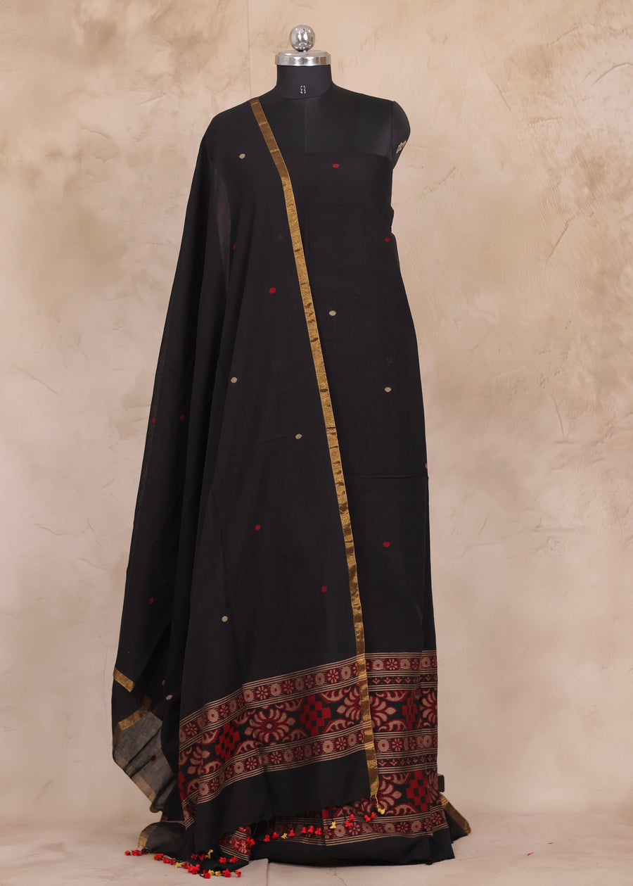 Black Handwoven Jamdhani weaving pure Mercerised Malai cotton 2 piece suit sets | Looms & Tassels