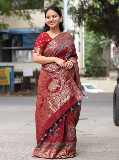 Maroon Ajrakh Dola Silk Saree