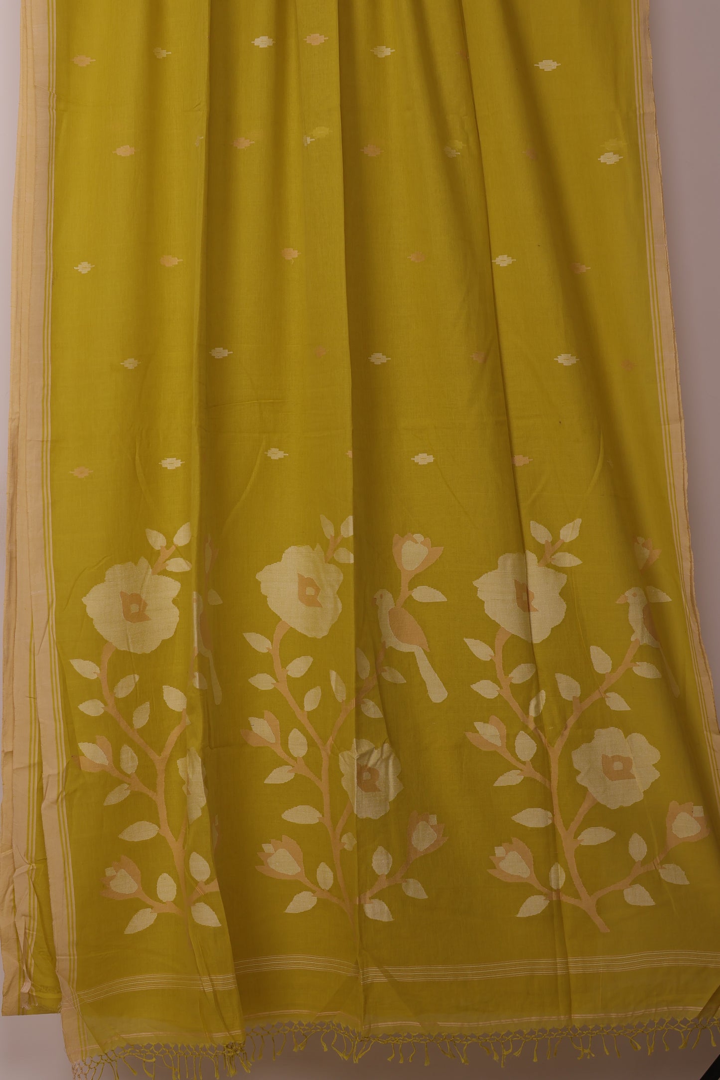 Olive Green Pure Handwoven Jamdhani Malai Cotton Saree