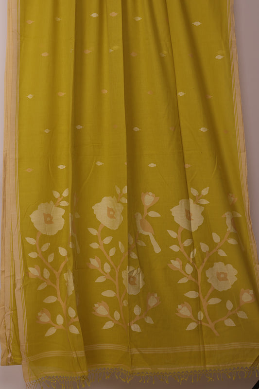 Olive Green Pure Handwoven Jamdhani Malai Cotton Saree