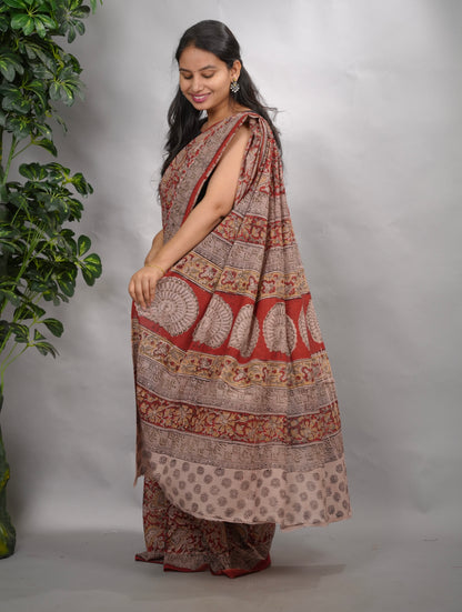 Maroon Hand Block Printed Kalamkari Cotton Saree | Looms & Tassels