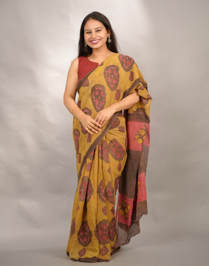 Mustard Georgette Hand Block Printed Saree| Looms & Tassels