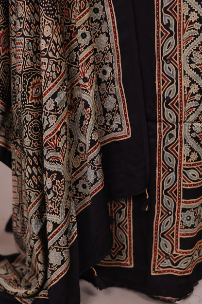 Mirror Work Black Ajrakh Handblock Printed Modal Silk 2 Piece Suit Set | Looms & Tassels