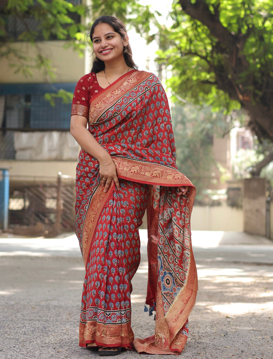 Ajrakh Dola Silk Saree