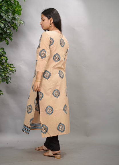 Cream Ajrakh Pattern Hand Block printed Kurti | Looms & Tassels