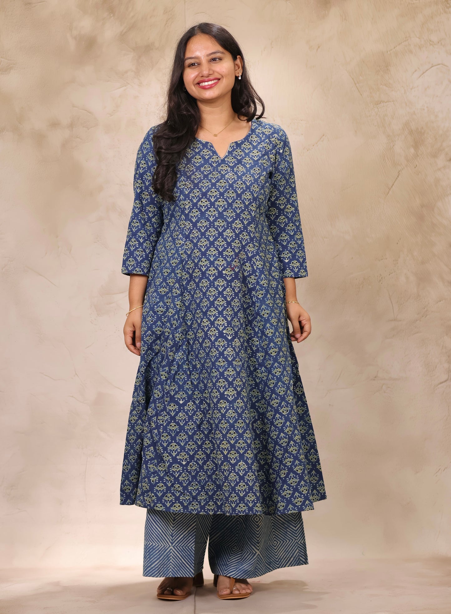 Indigo Ajrakh Handblock Printed Kali Kurti Co-ord Set (Pure Cotton ) | Looms & Tassels