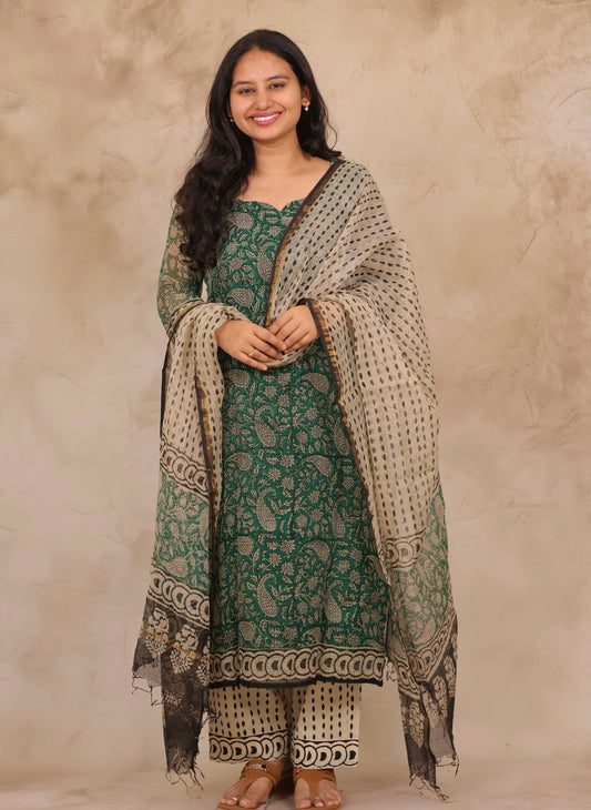 Green Handblock printed kota 3 piece suit (stitched)