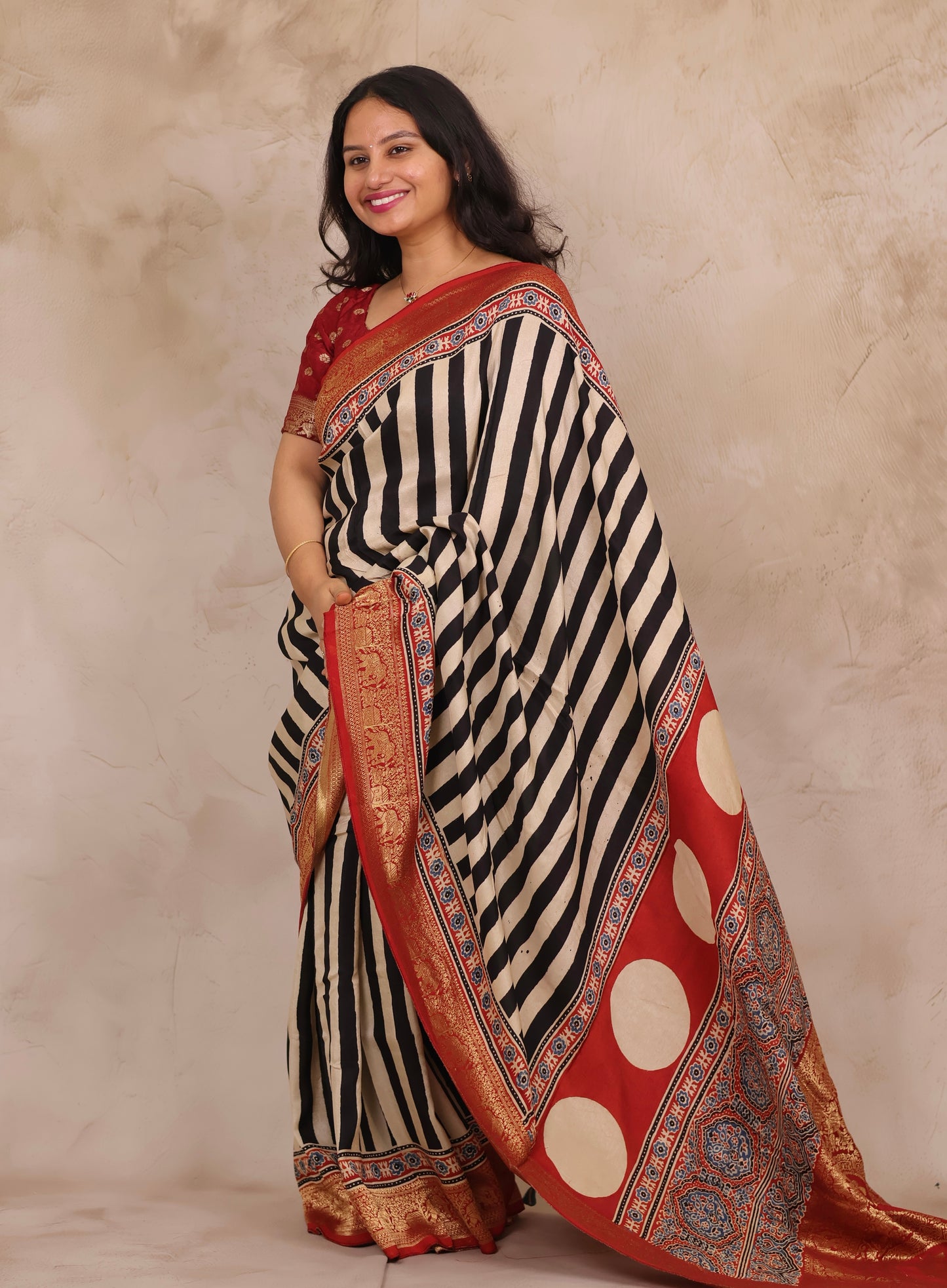 Stripes Contemporary Ajrakh Handblock printed Dola Silk Saree | Looms & Tassels