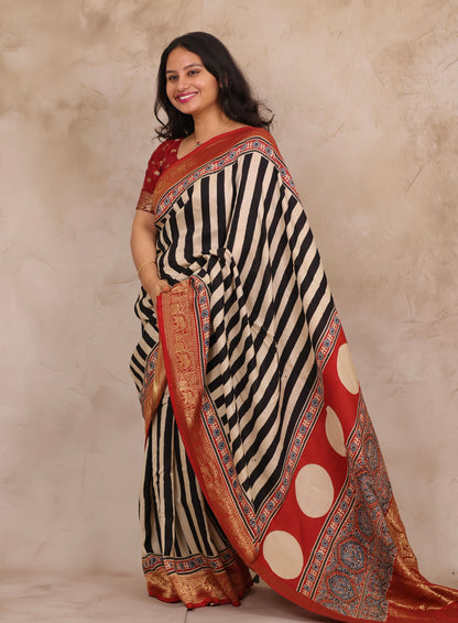 Stripes Contemporary Ajrakh Handblock printed Dola Silk Saree | Looms & Tassels