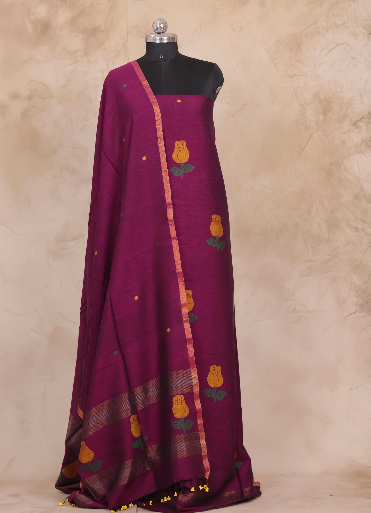 Magenta Handwoven Jamdhani weaving pure Mercerised Malai cotton 2 piece suit sets | Looms & Tassels