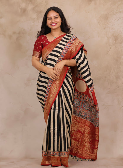 Stripes Contemporary Ajrakh Handblock printed Dola Silk Saree | Looms & Tassels