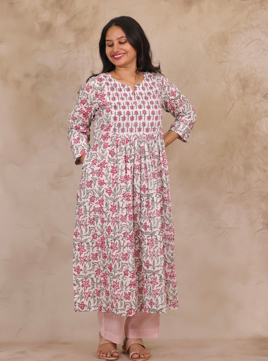 White Pure Mul Cotton Aline Kurta Set (Set of 2) | Looms & Tassels