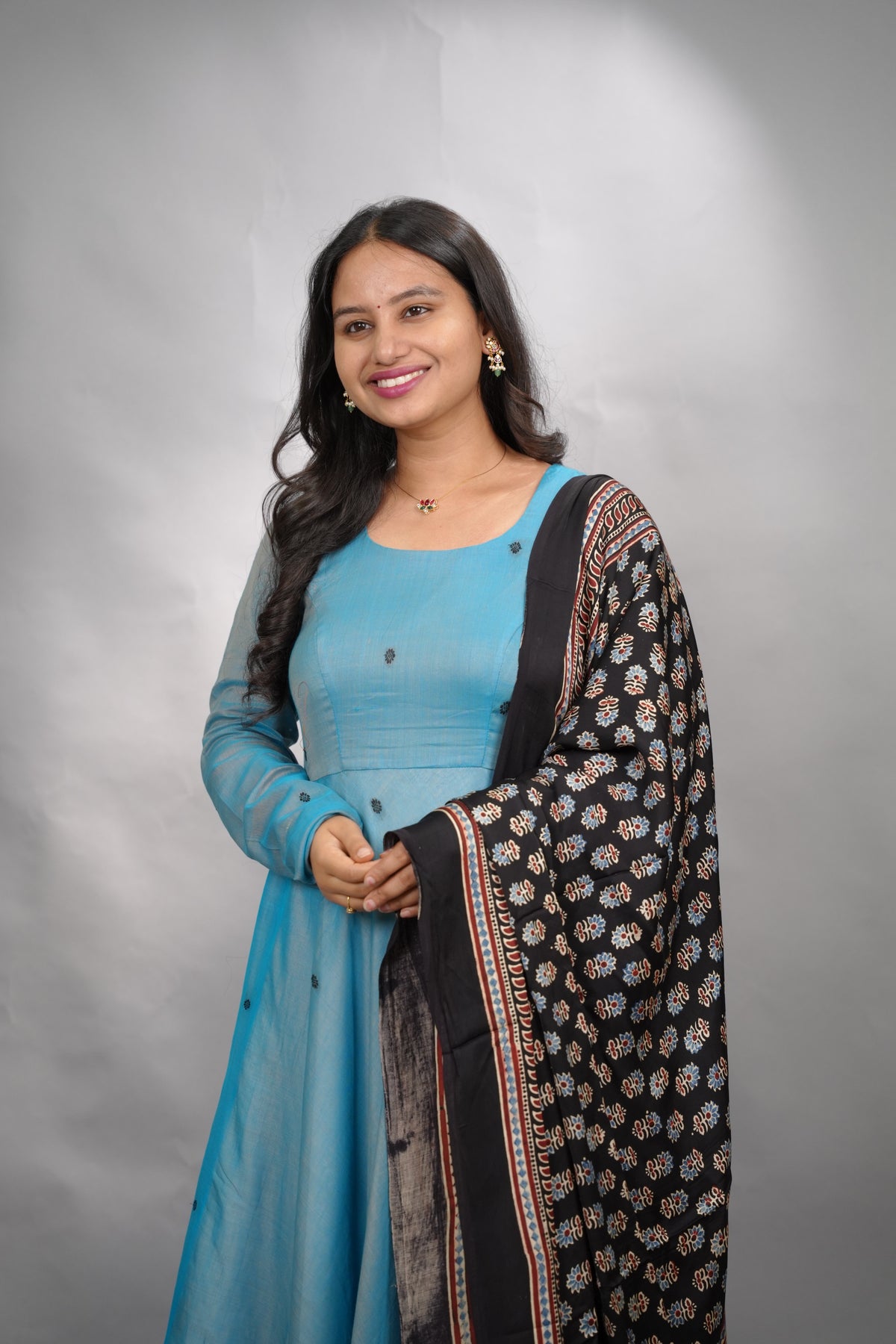 Sky Blue Ajrakh Patch Work Narayanpet Cotton Anarkali Dress with Ajrakh Modal Silk Dupatta | Looms & Tassels