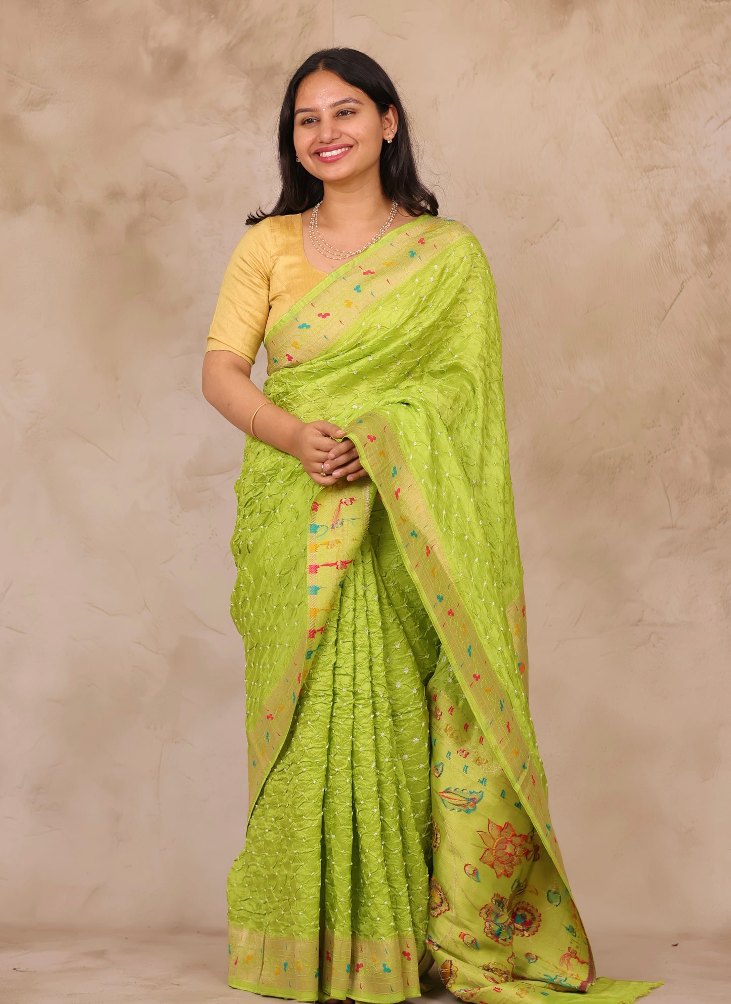 Pista Green Handcrafted Bandhani Paithani Dola Silk Saree | Looms & Tassels