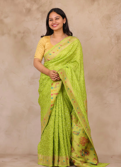 Pista Green Handcrafted Bandhani Paithani Dola Silk Saree | Looms & Tassels