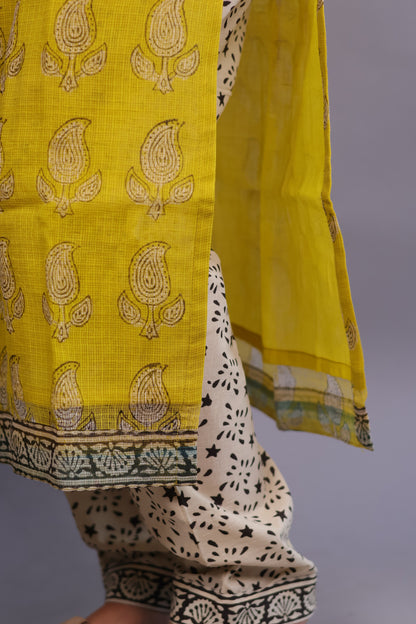 Yellow Handblock printed kota 3 piece suit (stitched)