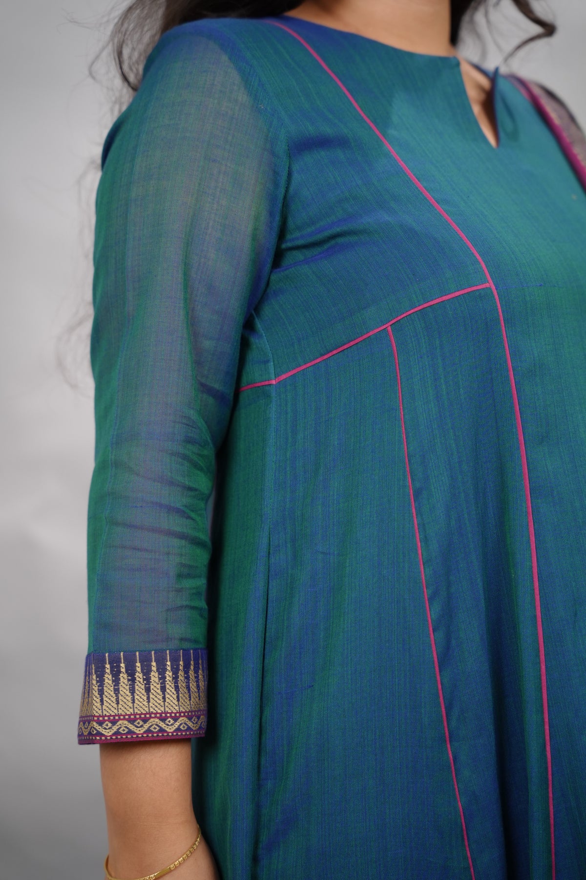 Rama Blue Narayanpet Cotton Anarkali Dress with Magenta Narayanpet Dupatta | Looms & Tassels