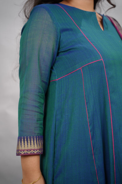 Rama Blue Narayanpet Cotton Anarkali Dress with Magenta Narayanpet Dupatta | Looms & Tassels