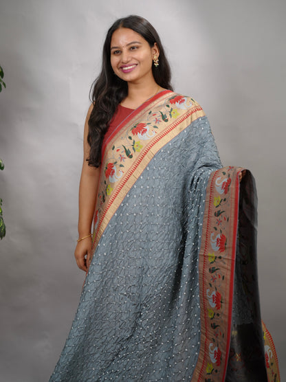 Grey Handcrafted Bandhani Paithani Dola Silk Saree | Looms & Tassels