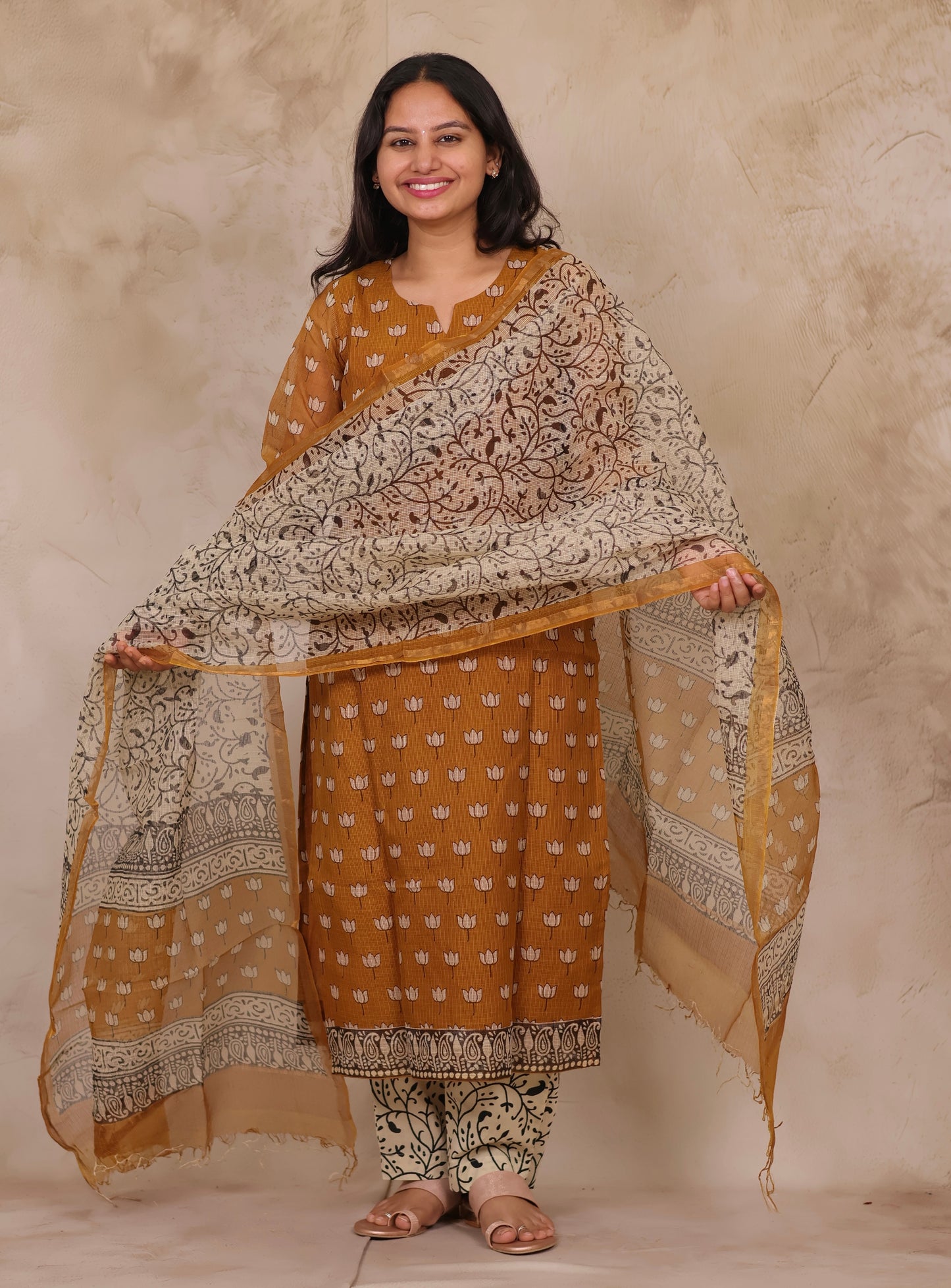 Mustard Handblock printed kota 3 piece suit (stitched)