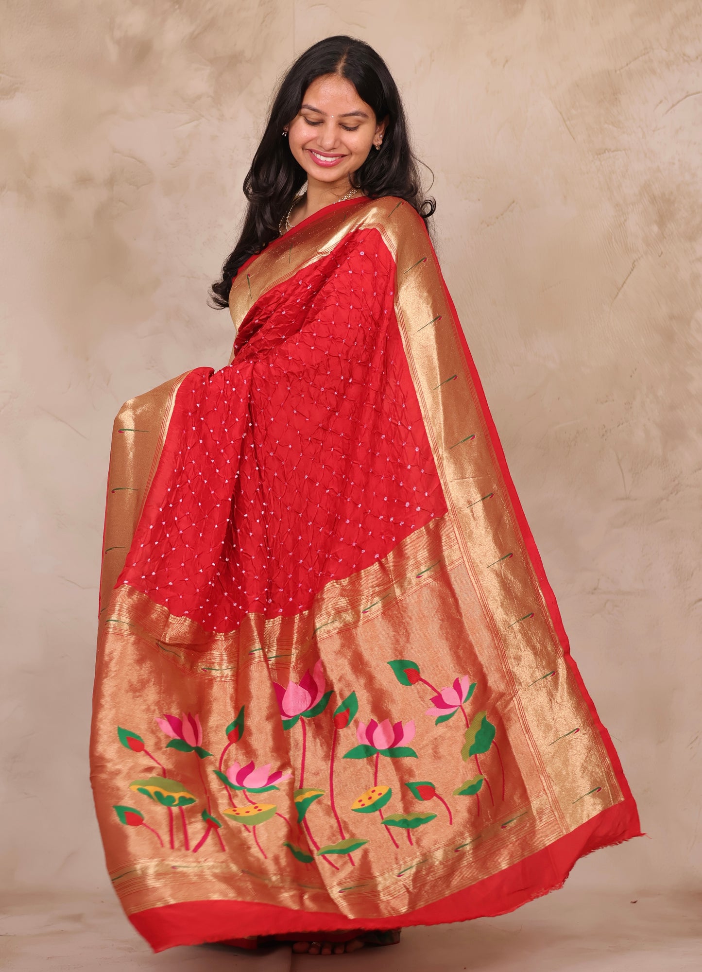 Red Handcrafted Bandhani Paithani Dola Silk Saree | Looms & Tassels