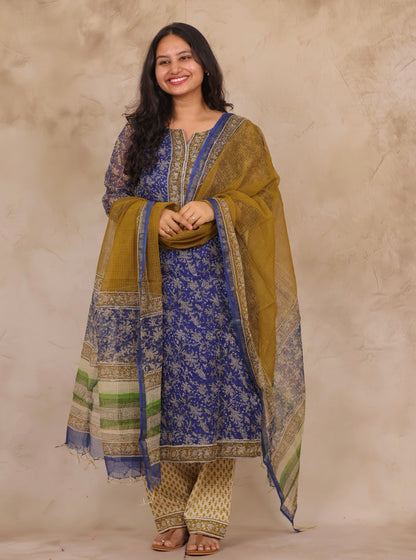 Blue Handblock printed kota 3 piece suit (stitched)