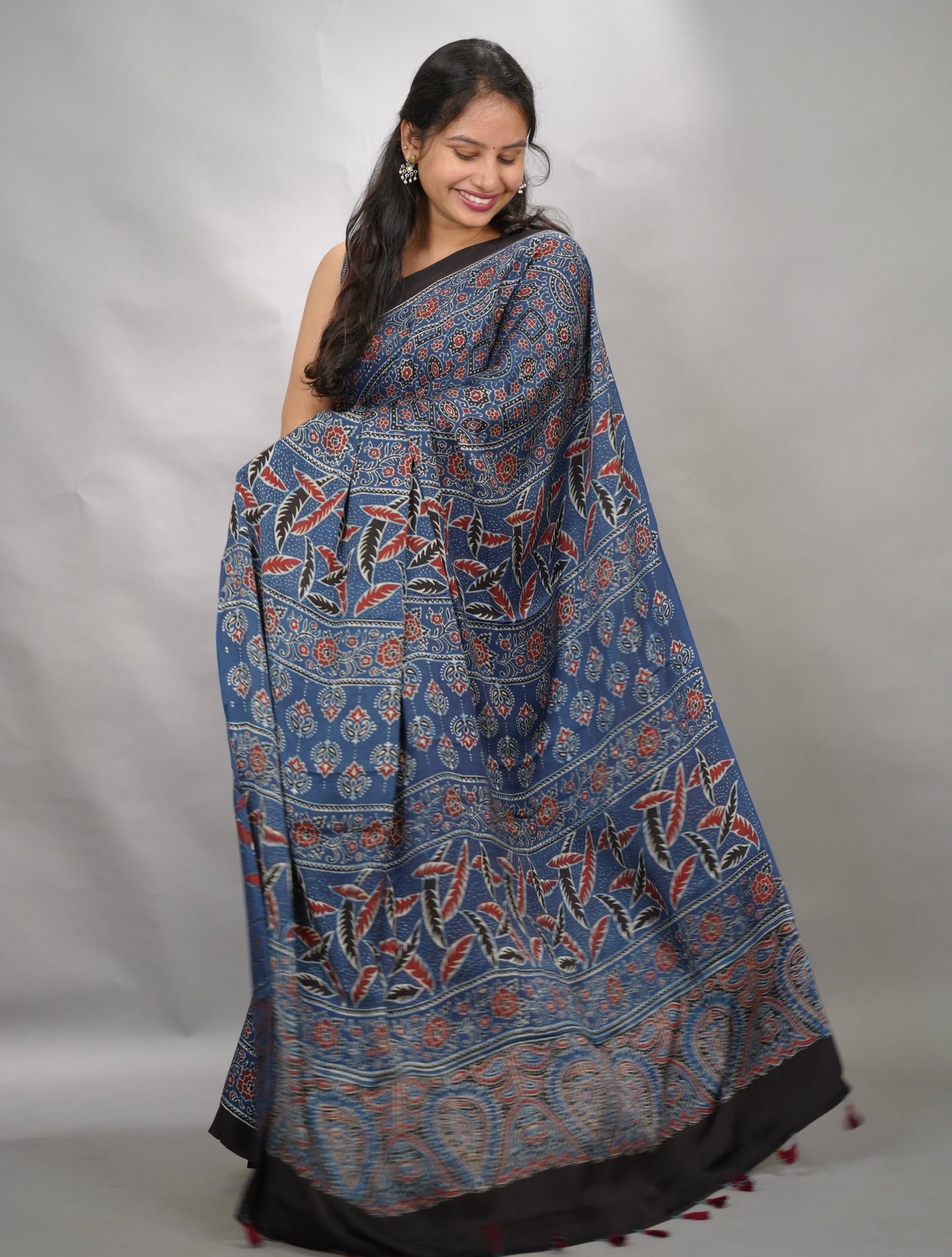 Indigo Blue Authentic Ajrakh Handblock Printed Modal Silk Saree | Looms & Tassels